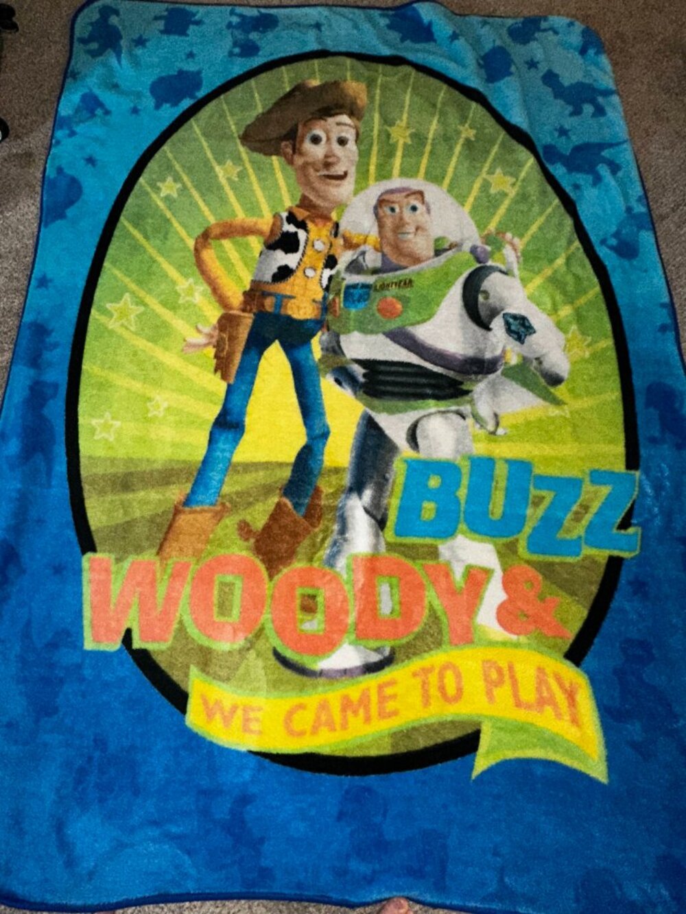 Vintage Disney Toy Story Woody Buzz Came To Play Large Plush Blanket Blue 60X82"